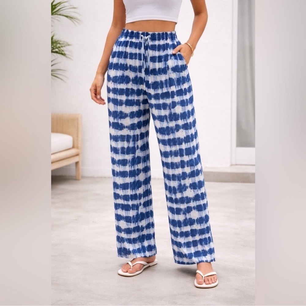 Banana Republic 100% LINEN WIDE LEG ANKLE PANT NWT Blue Shibori size L Coastal